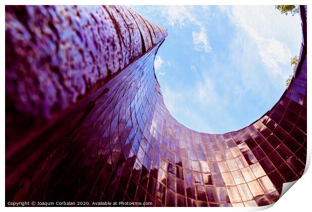 Spiral construction of tiles, with blue reflections of the sky, modernist background. Print by Joaquin Corbalan