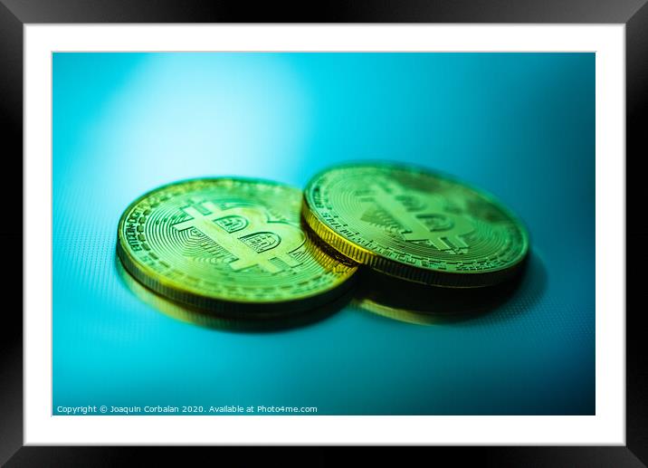Two cryptocurrencies golden bitcoin, new economy, with negative space. Framed Mounted Print by Joaquin Corbalan