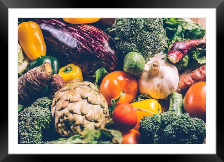 Vegetables, best health foods, radishes, onions, garlic, peppers, cabbage, broccoli. Framed Mounted Print by Joaquin Corbalan