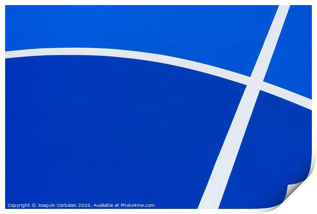 Background with cement texture painted blue, with white curved lines of a minimalist pattern with copy space. Print by Joaquin Corbalan