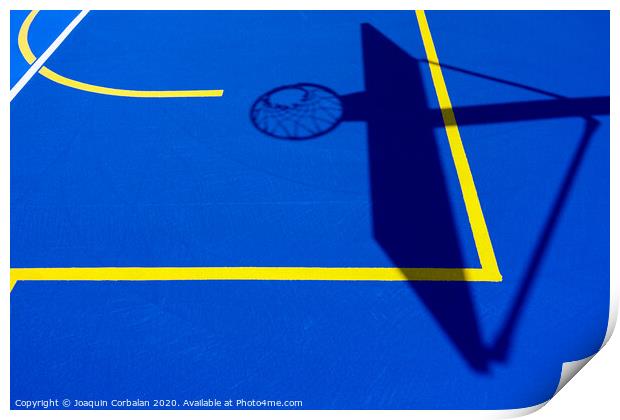 Shadow of a basketball basket on the floor of the court, painted blue and background with lines. Print by Joaquin Corbalan