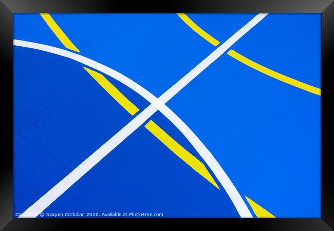 Design of a sports field, with blue background and red and yellow white lines creating strange straight lines and curves, to use with copy space. Framed Print by Joaquin Corbalan