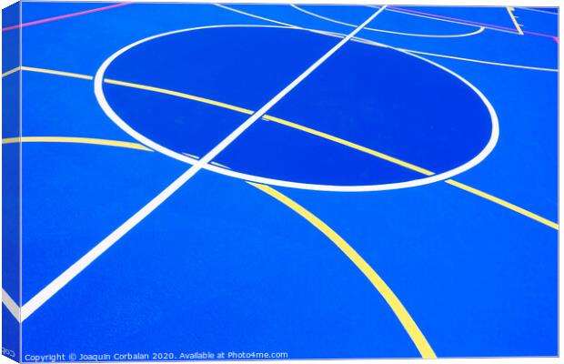 Design of a sports field, with blue background and red and yellow white lines creating strange straight lines and curves, to use with copy space. Canvas Print by Joaquin Corbalan