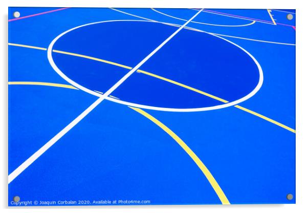 Design of a sports field, with blue background and red and yellow white lines creating strange straight lines and curves, to use with copy space. Acrylic by Joaquin Corbalan