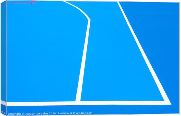 Intense blue background, from the floor of a basketball court to the midday sun, with straight lines and white curves. Canvas Print by Joaquin Corbalan
