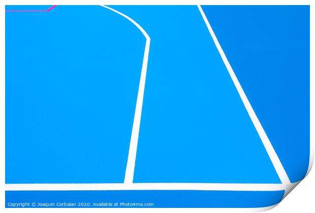 Intense blue background, from the floor of a basketball court to the midday sun, with straight lines and white curves. Print by Joaquin Corbalan