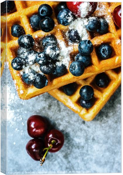 Close-up of waffles with tasty fruits cranberries, cherries and strawberries viewed from above, isolated on abstract background with copy space for text. Canvas Print by Joaquin Corbalan