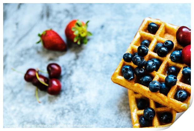 Close-up of a waffle with blueberries and strawberries with delicious aspect, isolated on abstract background with copy space for text. Print by Joaquin Corbalan