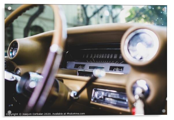 Valencia, Spain - July 21, 2012: Dashboard and steering wheel of a luxury vintage car, an American Mustang. Acrylic by Joaquin Corbalan