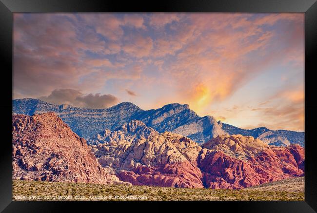 Red Rock and Blue Mountains Rising from Desert at Sunset Framed Print by Darryl Brooks