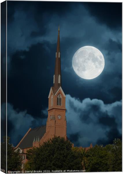 Red Stucco Steeple Rising in Moonlit Night Canvas Print by Darryl Brooks
