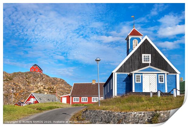 The Bethel Blue church in Sisimiut, Greenland Print by RUBEN RAMOS