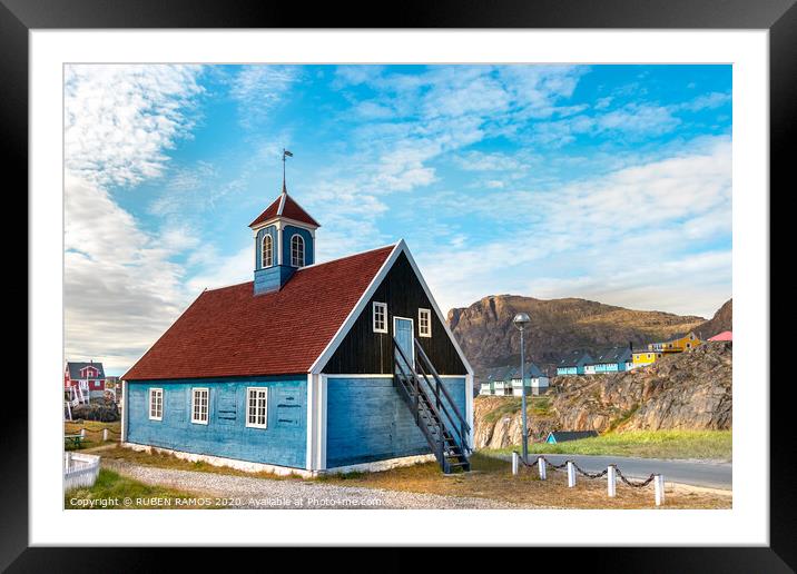 The Bethel Blue church in Sisimiut. Framed Mounted Print by RUBEN RAMOS