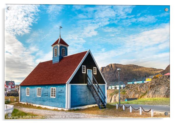The Bethel Blue church in Sisimiut. Acrylic by RUBEN RAMOS