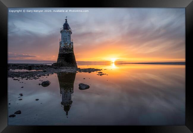 Plover Scar Lighthouse at Sunset Framed Print by Gary Kenyon