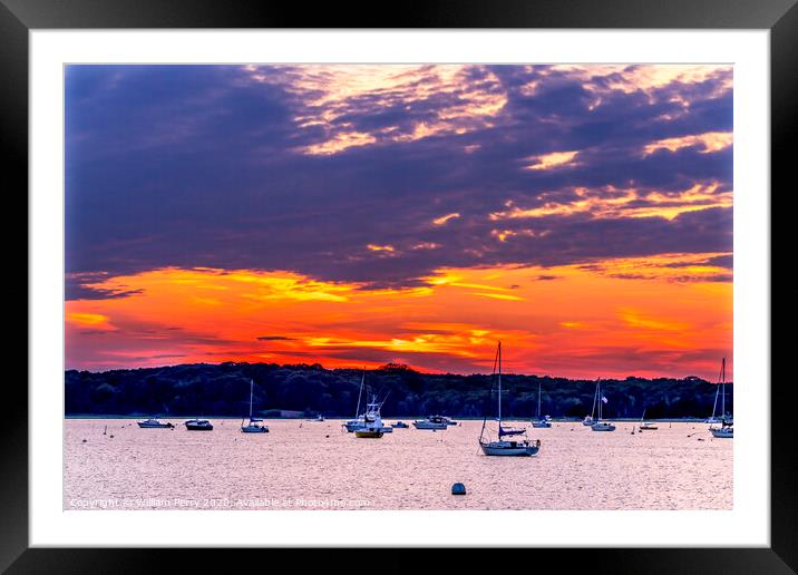 Sunset Sailboats Yachts Padanaram Inner Harbor Dartmouth Massachusetts Framed Mounted Print by William Perry