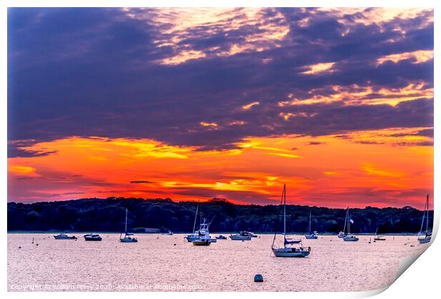 Sunset Sailboats Yachts Padanaram Inner Harbor Dartmouth Massachusetts Print by William Perry