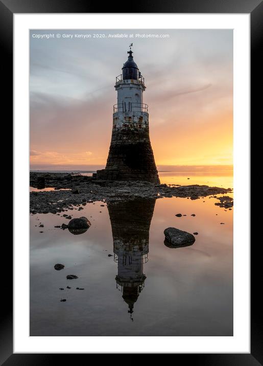 Plover Scar Lighthouse At Sunset Framed Mounted Print by Gary Kenyon