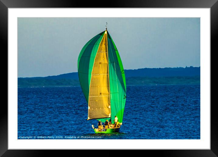 Green Sailboat Racing Padanaram Harbor Dartmouth M Framed Mounted Print by William Perry