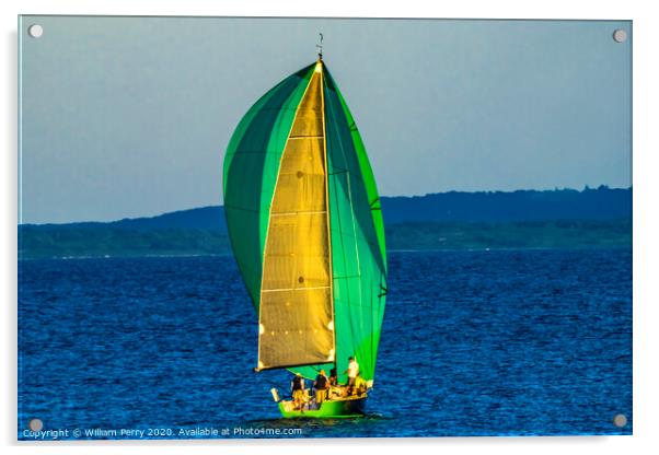 Green Sailboat Racing Padanaram Harbor Dartmouth M Acrylic by William Perry
