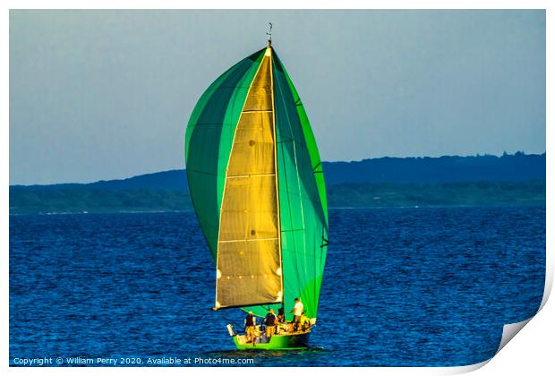 Green Sailboat Racing Padanaram Harbor Dartmouth M Print by William Perry