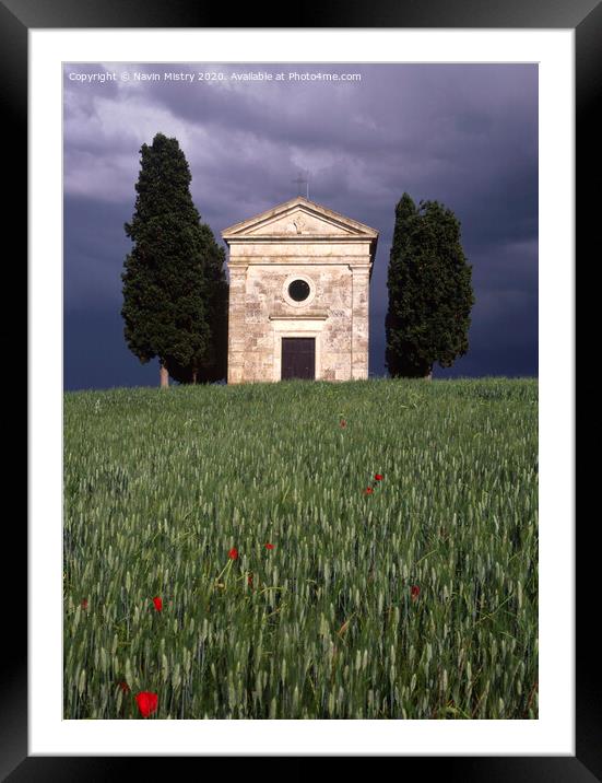 Capella di Vitaleta Tuscan chapel Val D Orcia in a summer thunder storm Framed Mounted Print by Navin Mistry