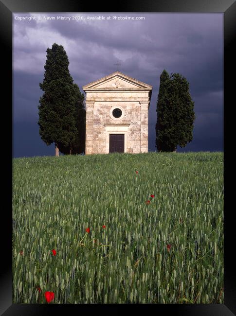 Capella di Vitaleta Tuscan chapel Val D Orcia in a summer thunder storm Framed Print by Navin Mistry