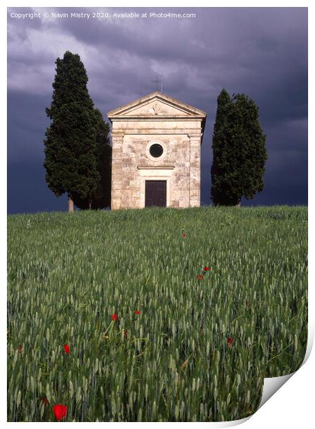 Capella di Vitaleta Tuscan chapel Val D Orcia in a summer thunder storm Print by Navin Mistry