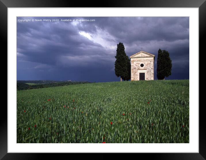 Capella di Vitaleta Tuscan chapel Val D Orcia in a summer thunder storm Framed Mounted Print by Navin Mistry