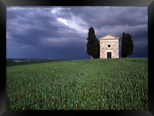 Capella di Vitaleta Tuscan chapel Val D Orcia in a summer thunder storm Framed Print by Navin Mistry