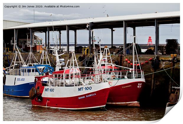 Fishing Boats safely tied up in harbour Print by Jim Jones