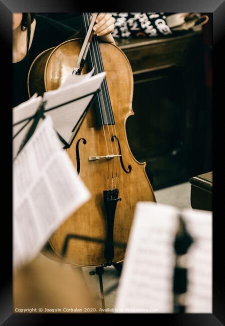 Violoncello held by a musician during a break at a classical music concert. Framed Print by Joaquin Corbalan