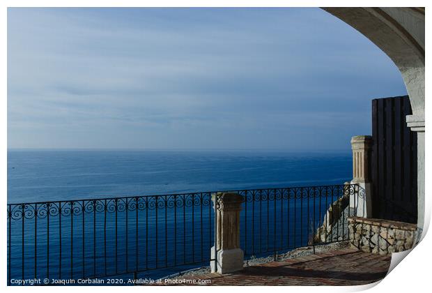 Calm blue sea without waves seen from a cliff with room for text Print by Joaquin Corbalan