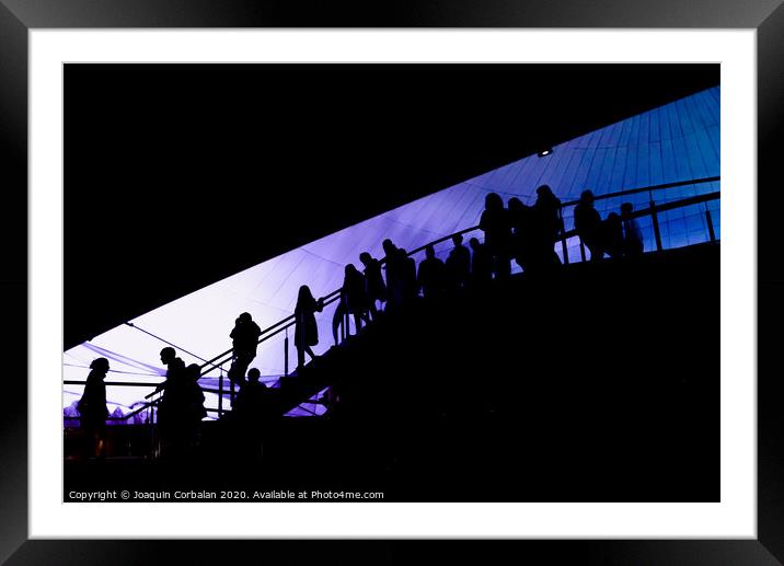 Silhouette of people going down a ladder, visitors of a tourist attraction, background defocused. Framed Mounted Print by Joaquin Corbalan