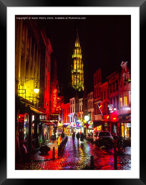 A street of Brussels at night Framed Mounted Print by Navin Mistry