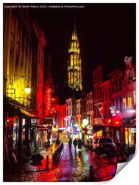 A street of Brussels at night Print by Navin Mistry