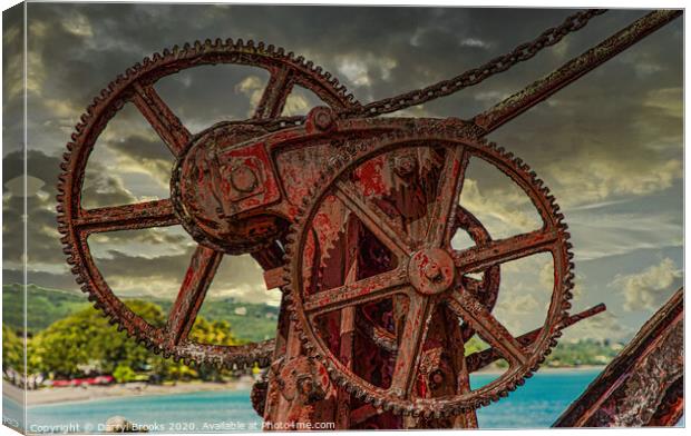 Rusty Gears on Old Red Crane Canvas Print by Darryl Brooks