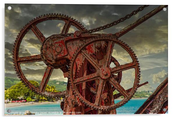 Rusty Gears on Old Red Crane Acrylic by Darryl Brooks