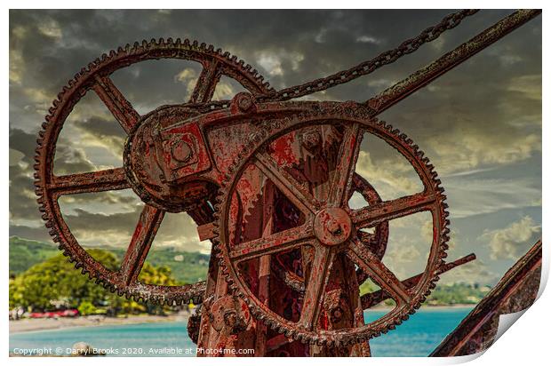 Rusty Gears on Old Red Crane Print by Darryl Brooks