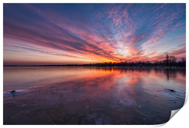 Beautiful sunset light in winter over lake Balaton Print by Arpad Radoczy