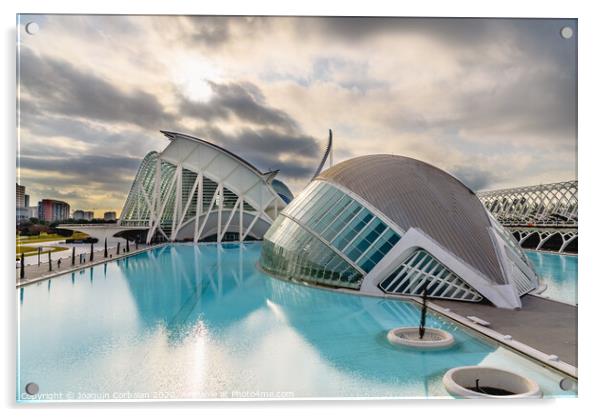 Panoramic cinema in the city of sciences of Valencia, Spain, visited by tourists next to the museum of sciences of the city in the background, at dawn with clouds and sun. Acrylic by Joaquin Corbalan