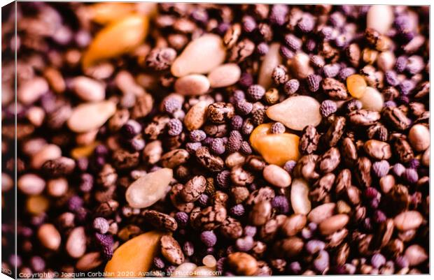 closeup Small seeds superfoods, chia, golden flax and sesame Canvas Print by Joaquin Corbalan