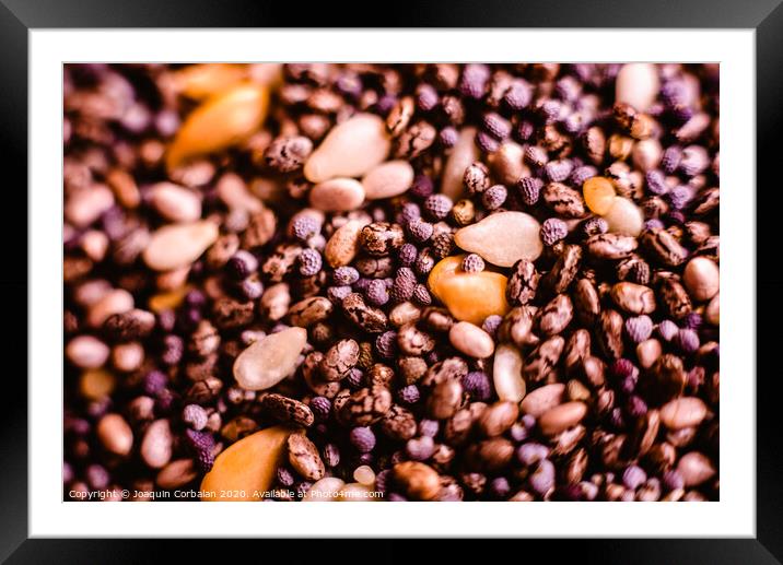 closeup Small seeds superfoods, chia, golden flax and sesame Framed Mounted Print by Joaquin Corbalan