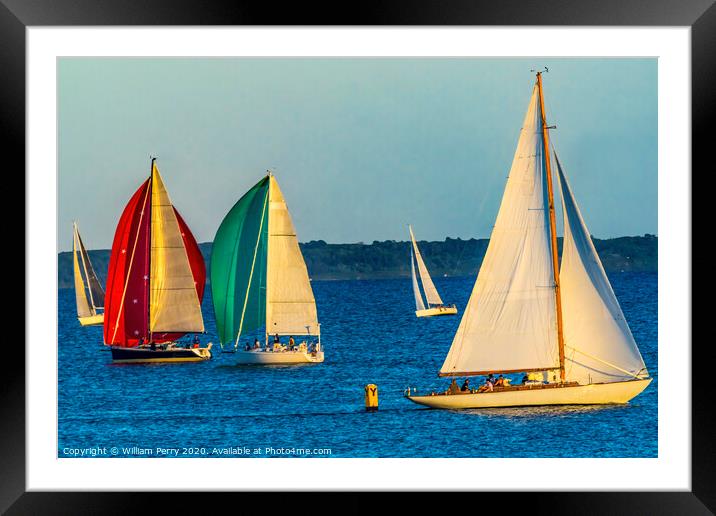 Evening Sailboats Racing Padanaram Harbor Dartmouth Massachusetts Framed Mounted Print by William Perry