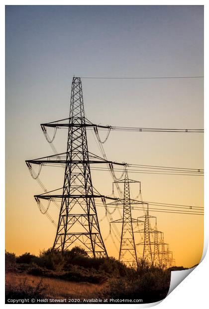Electricity Pylons at Sunset Print by Heidi Stewart