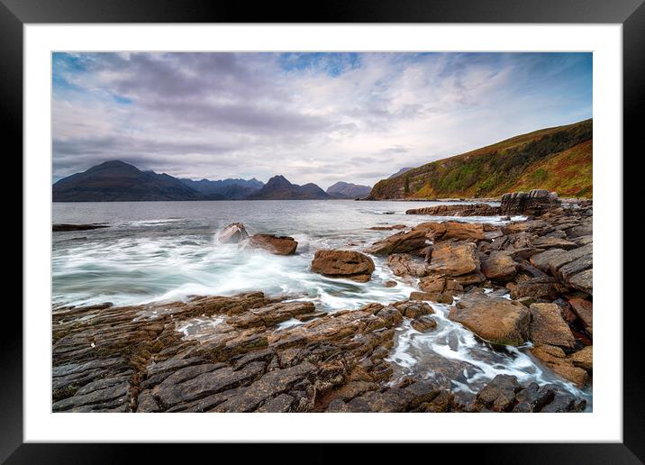 Moody skies over the beach at Elgol  Framed Mounted Print by Helen Hotson
