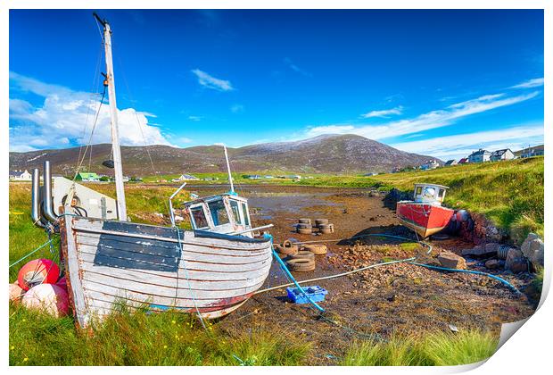 Old fishing boats at Leverburgh on the Isle of Harris Print by Helen Hotson