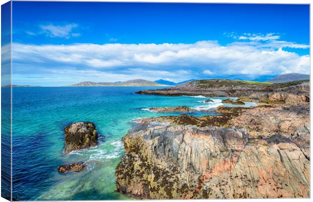 Sunny blue skies over the rocky shore at Seilebost Canvas Print by Helen Hotson