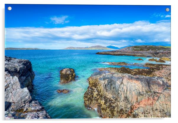 The beautiful rocky coastline at Traigh Seilebost  Acrylic by Helen Hotson