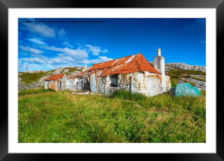 An old ruined croft with a rusty red tin roof at Quidnish Framed Mounted Print by Helen Hotson